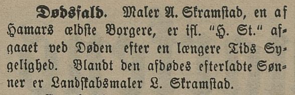 Hedemarkens Amtstidende, 17. april 1894: Notis om Andreas Skramstads bortgang