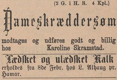 Karoline Skramstad, annonse i Oplandenes Avis 21. januar 1879