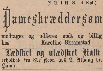 Karoline Skramstad, annonse i Oplandenes Avis 21. januar 1879