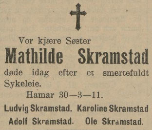 Dødsannonse for Mathilde Skramstad, død 30. mars 1911